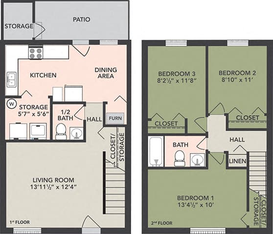 A floor plan of a two-story home with a living room, kitchen, dining area, and three bedrooms.
