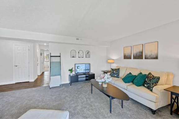 A living room with a couch, a coffee table, and a television.