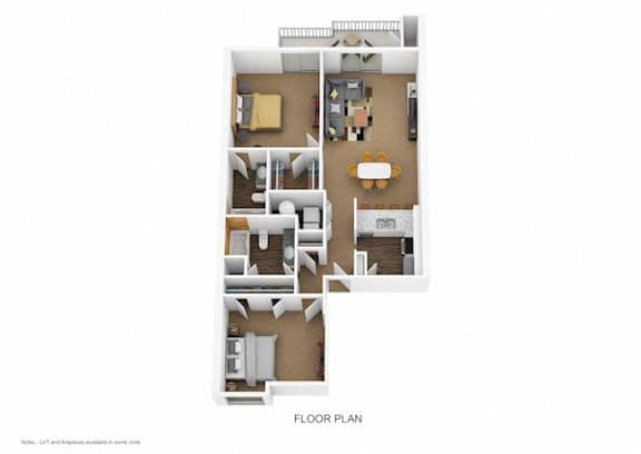 A floor plan of an apartment with living room, kitchen, and bedrooms.