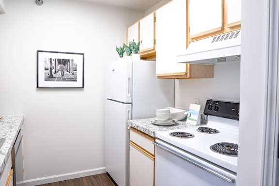 A kitchen with a white fridge and stove top oven.