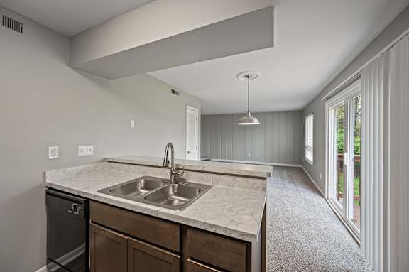A kitchen with a sink and a dishwasher.