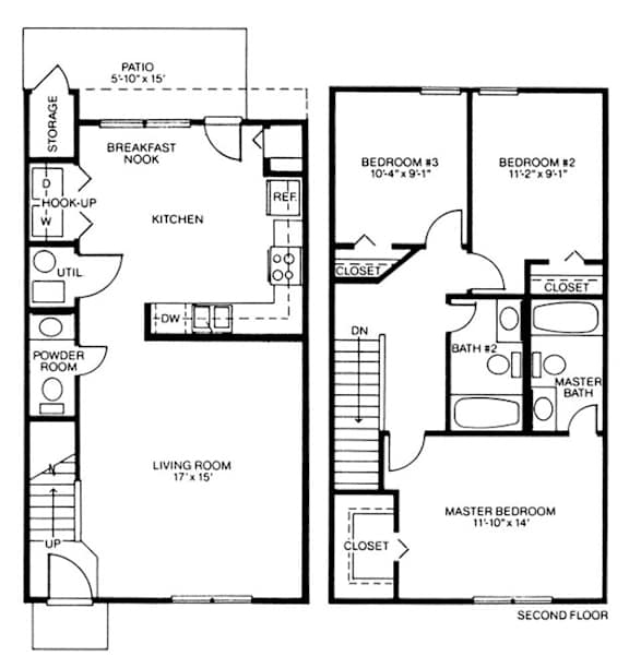 A floor plan of a two-story home with a living room, kitchen, and two bedrooms.