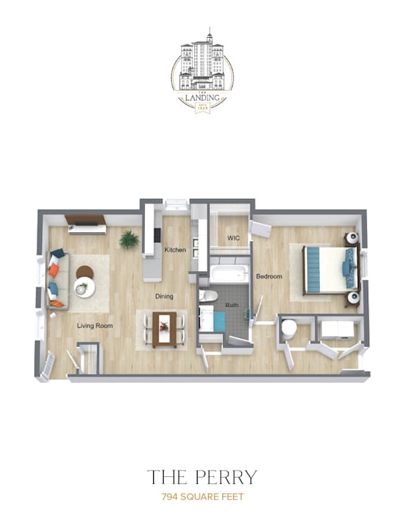 A floor plan of a 794 square feet apartment with a living room, dining room, kitchen, WC, and bedroom.