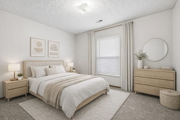 A bedroom with a large bed, nightstands, and a round mirror on the wall.