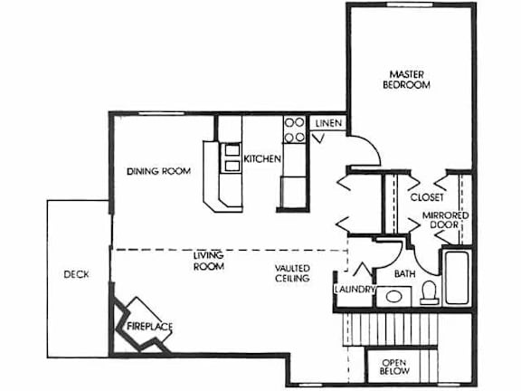 A floor plan of a house with a master bedroom, a dining room, a living room, a vaulted ceiling, a bath, a laundry, a fireplace, and a deck.