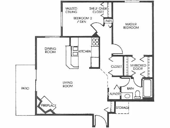 A floor plan of a house with a living room, dining room, kitchen, and two bedrooms.
