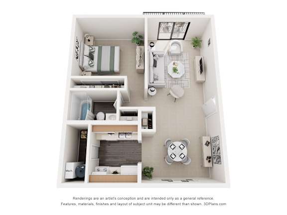 A 3D floor plan of a small apartment with a kitchen, living room, and bedroom.