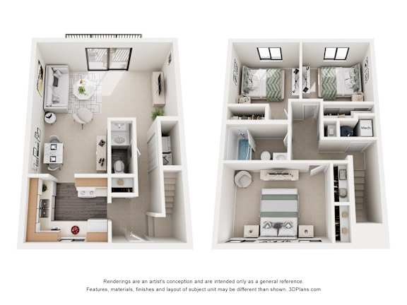 Two images of a small apartment with a kitchen, living room, and bedroom.