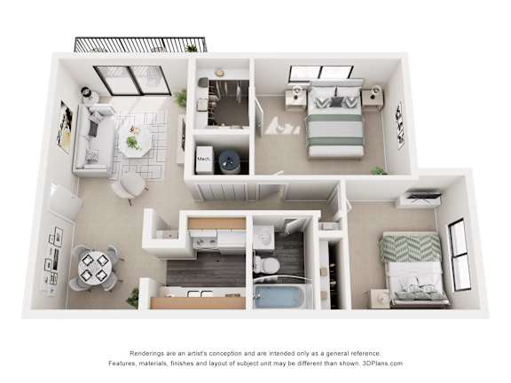 A white 3D floor plan of a small apartment with a kitchen, living room, and bedroom.