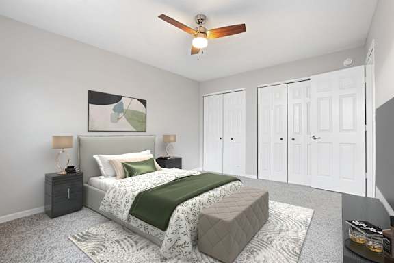 a bedroom with a bed and a ceiling fan at Parkview of Lebanon Apartments, Lebanon