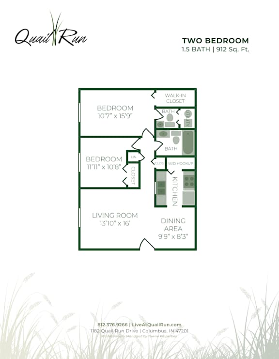 A floor plan for a two bedroom apartment sized 1.5 bath and 912 sq. ft.