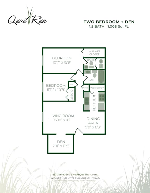A floor plan for a two bedroom plus den apartment.