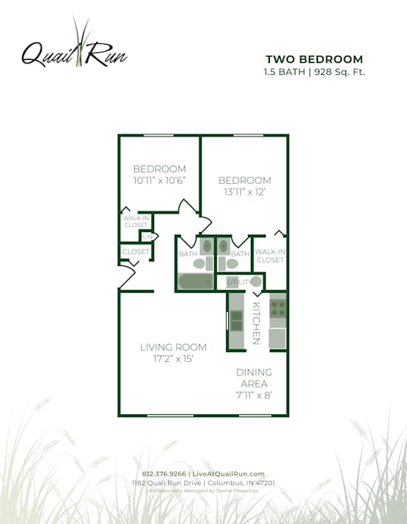A floor plan for a two bedroom apartment sized 1,5 bath and 928 sq. ft.