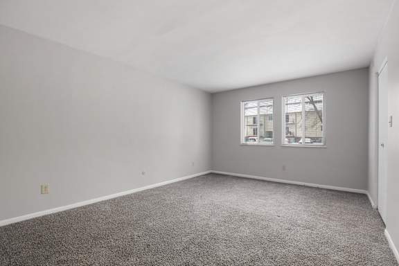 A room with grey carpet and two windows.