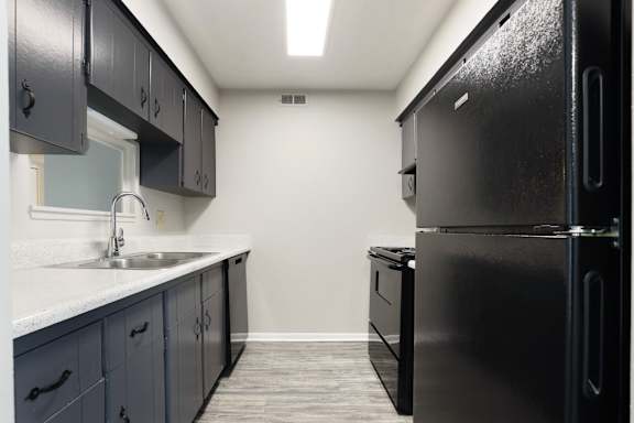 A black refrigerator is in a kitchen with a sink and cabinets.