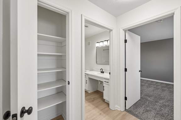 A white pantry with a mirror and a sink.