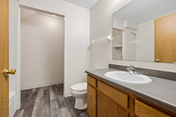 A bathroom with a toilet, sink, and mirror.
