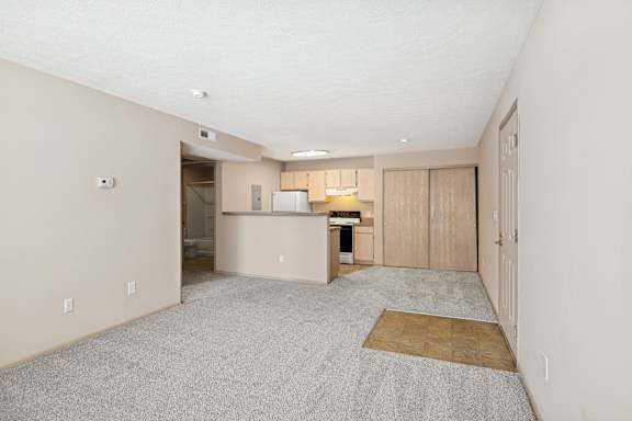 A room with a carpeted floor and a kitchen area in the background.