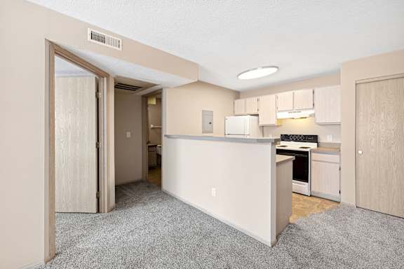 A kitchen area with a white counter and cabinets.