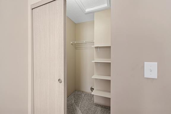 A small closet with a white shelving unit and a door.