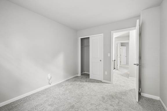 A white room with a carpeted floor and two doors.