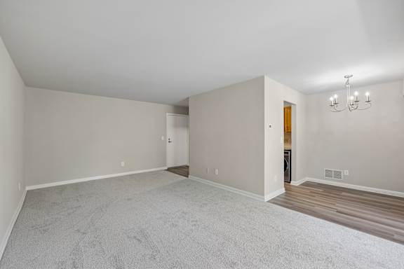 A spacious room with a grey carpet and a wooden floor.
