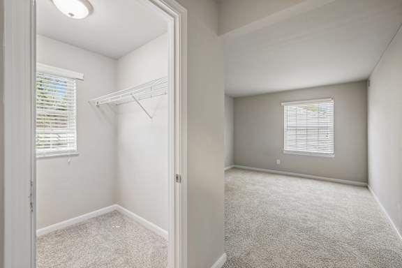 A room with a carpeted floor and a window with blinds.