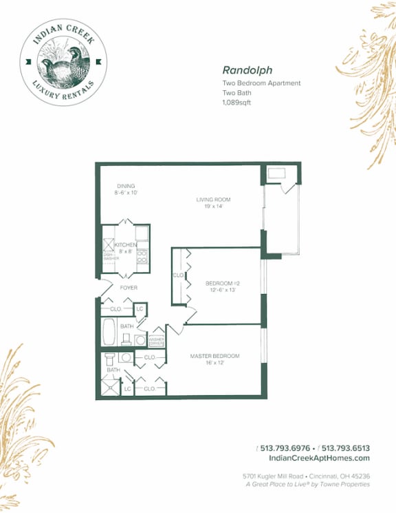 2 Bedroom 2 Bathroom Floor Plan at Indian Creek Apartments, Cincinnati, 45236