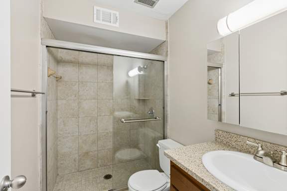 A bathroom with a toilet, sink, and walk-in shower.