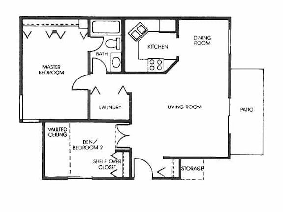 A floor plan of a house with a master bedroom, a laundry room, a dining room, a kitchen, a living room, a vaulted ceiling den, a storage area, and a patio.