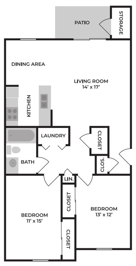 Floor Plan  A floor plan of a home with a living room, two bedrooms, a bath, a laundry room, a kitchen, a dining area and a patio.