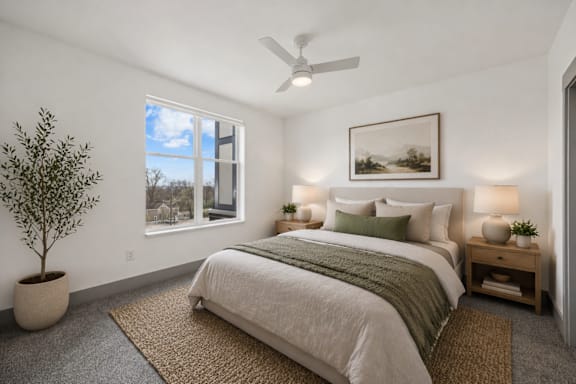 A bedroom with a bed, nightstand, and a potted plant.