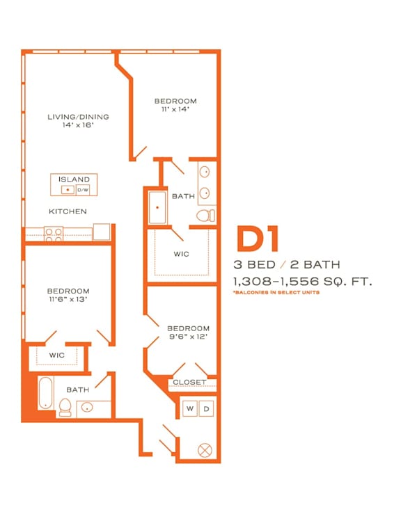 A floor plan of a 3 bedroom, 2 bathroom apartment.