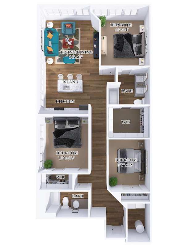 A floor plan of an apartment with two bedrooms, a kitchen, and an island.