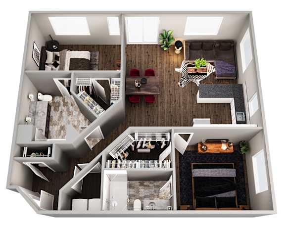 A 3D floor plan of a house with a living room, kitchen, and bedrooms.