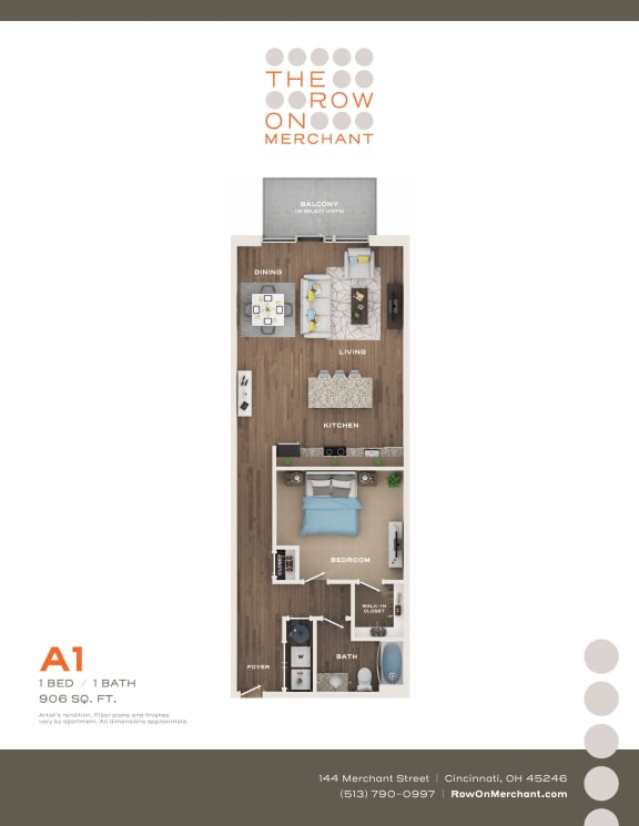 Floor Plan  1 bed 1 bath A at The Row on Merchant Apartments, Springdale, OH