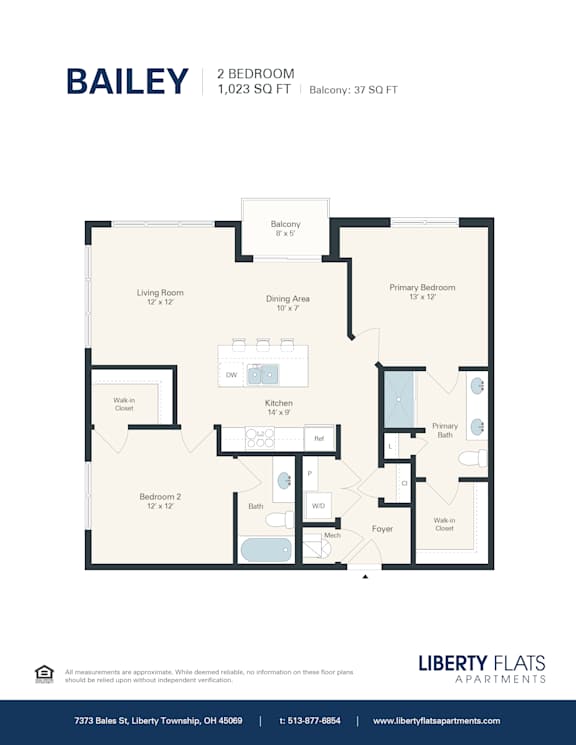 A floor plan for a 2 bedroom apartment with a living room, dining area, kitchen, and bathroom.