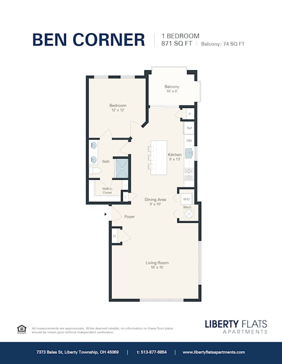 A floor plan for a 1 bedroom apartment with a living room, dining area, kitchen, bathroom, and balcony.