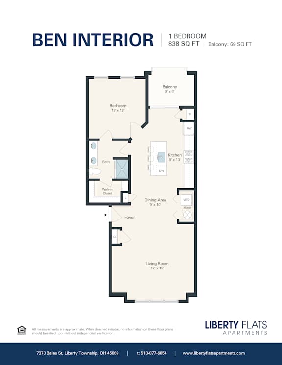 A floor plan for a Ben Interior apartment with a living room, dining area, kitchen, and bathroom.
