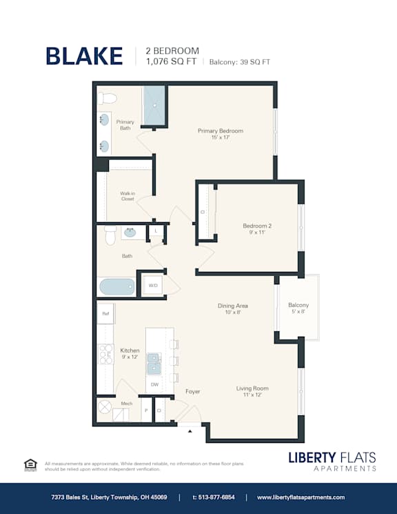 A floor plan for an apartment named Blake with 2 bedrooms and a balcony.