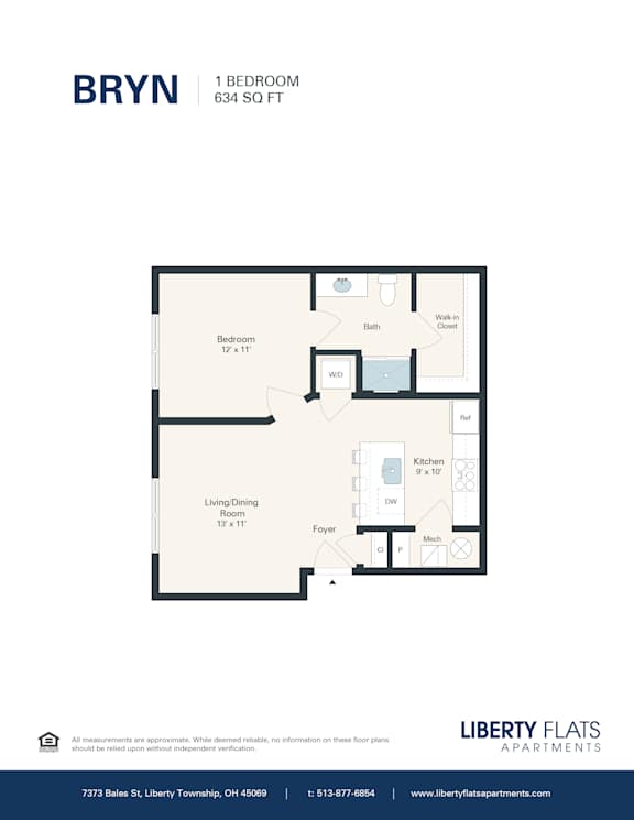 A floor plan for a 1 bedroom apartment sized at 634 square feet.