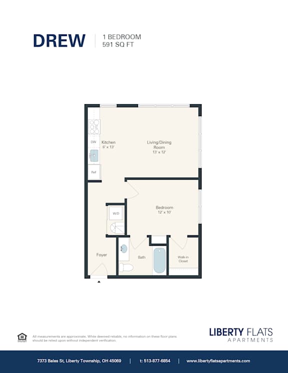 A floor plan for a 1 bedroom apartment at Liberty Flats.