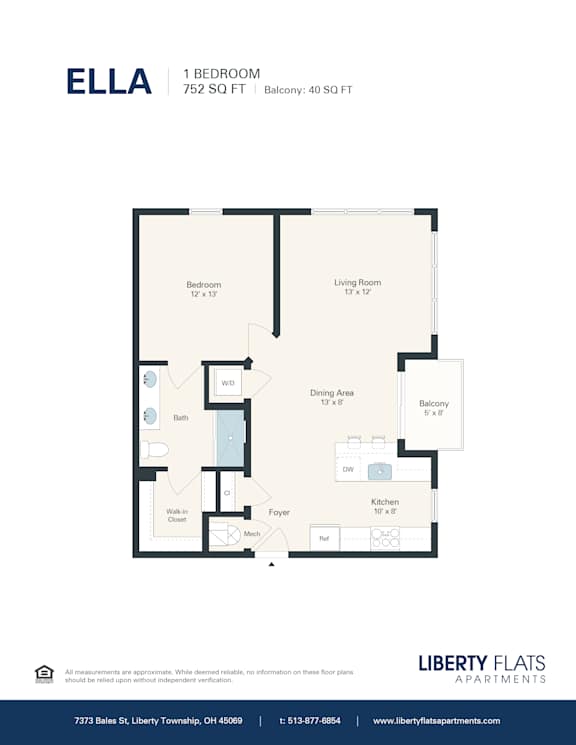 A floor plan for a 1 bedroom apartment sized at 752 square feet.
