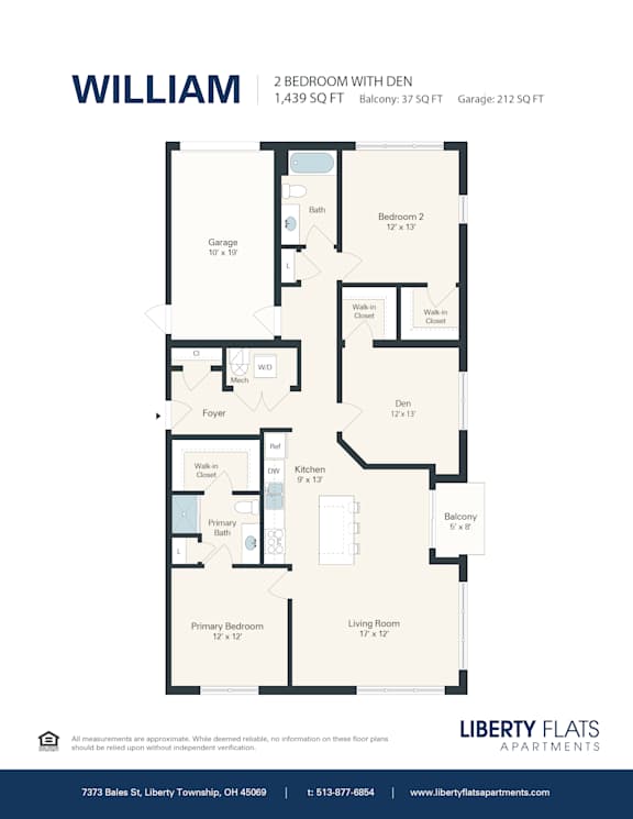 A floor plan for a 2 bedroom apartment with den.