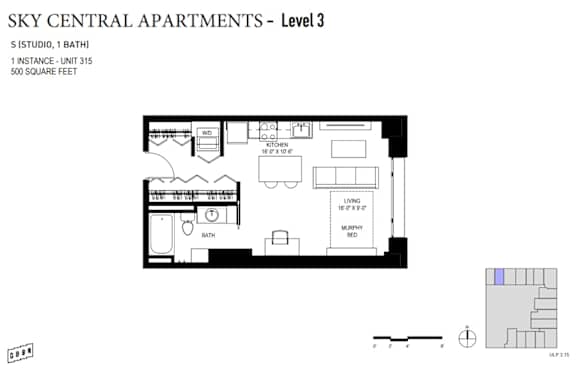 A floor plan for Sky Central Apartments - Level 3, a 500 square foot apartment with one bathroom and a kitchen.