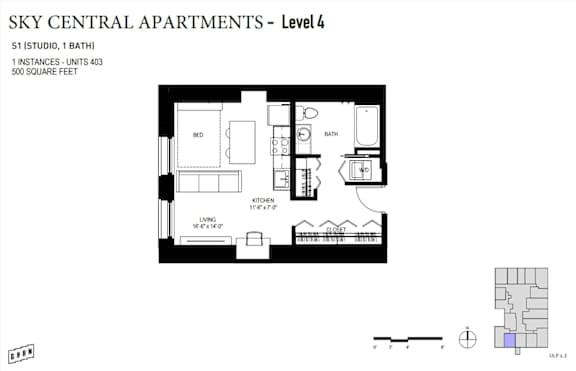 A floor plan for Sky Central Apartments shows a studio apartment with a bathroom, bed, kitchen, and living room.