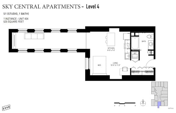 A floor plan for Sky Central Apartments - Level 4, including a studio apartment with 1 bath, a 1 instance unit, and a living area with a bed.