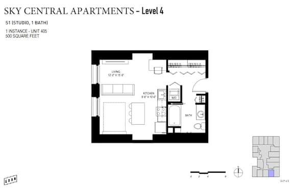 A floor plan for a studio apartment with a bathroom and living room.
