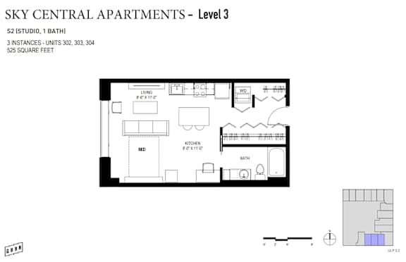 A floor plan for Sky Central Apartments - Level 3, a studio apartment with 1 bathroom, 3 instances, 302, 303, 304, and 525 square feet