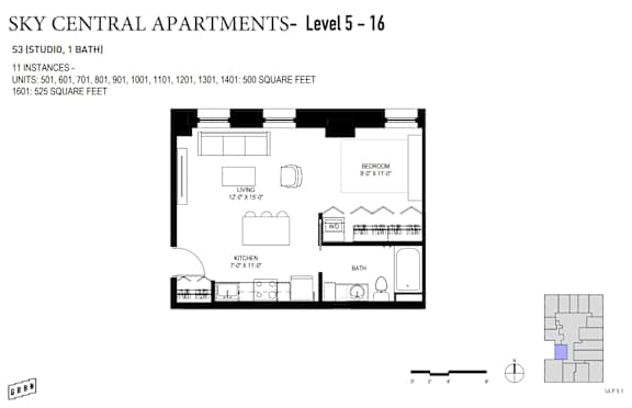 A floor plan for a studio apartment with 1 bathroom, living room, dining room, and kitchen.